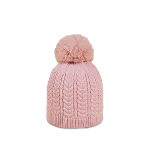 Detailed close-up of pink cable knit texture and soft faux fur pom-pom on winter hat