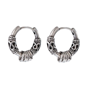 Retro mens silver hoop earrings with embossed patterns and small decorative hanging rings