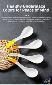 Detail view of four colorful ceramic spoons with blue floral patterns and curved handles