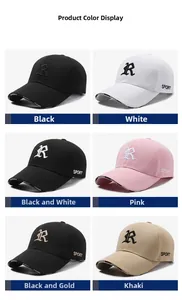Collage showing six colorful baseball caps with 3D R-letter embroidery and curved brims