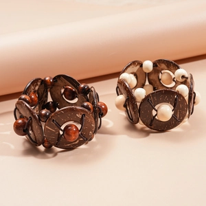 Bracelets élastiques en perles de bois et noix de coco, style ethnique marron et crème