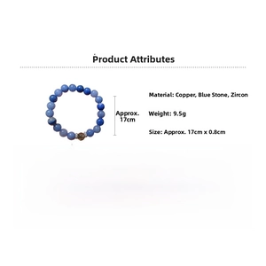 Detailed specs of the zircon and blue stone beaded stretch bracelet showing size and weight