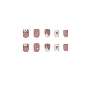Cute brown bear matte press-on nails set with rabbit patterns and chocolate art