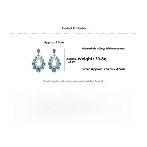 Detailed size and material chart for blue hollow teardrop earrings with crystals