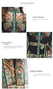 Detailed views of lantern sleeves, paisley print, and ruffled waistline on the dress