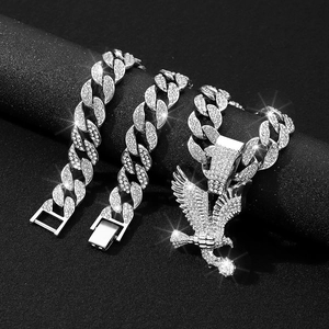 Iced out silver eagle pendant necklace with sparkling cuban chain bracelets set