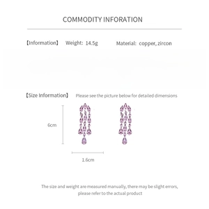 Detailed spec sheet showing 6cm zircon drop earrings made of copper and 14.5g weight