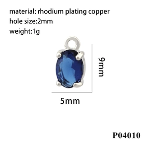 Detail view of 9x5mm oval dark blue zircon pendant with rhodium-plated copper base