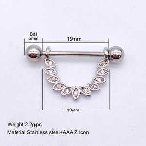 Silver stainless steel nipple shield with leaf zircon pendants and size dimensions