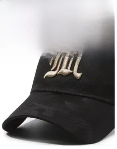 Detailed close-up of 3D gothic embroidery and camouflage texture on baseball cap