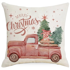 Christmas pillow cover with vintage red truck and green tree on beige linen fabric