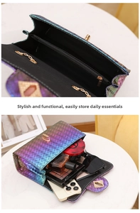 Detail view of the colorful woven embossed bag showing spacious storage and internal pockets