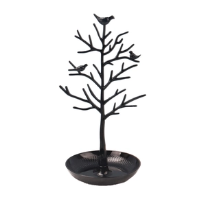Creative black tree-shaped jewelry organizer with bird motif and base tray