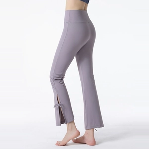 Women Crossover High Waist Flared Yoga Pants Butt Lifting Tummy Control Bottoms With Side Slit Bow Tie Quick Dry Fitness Trousers