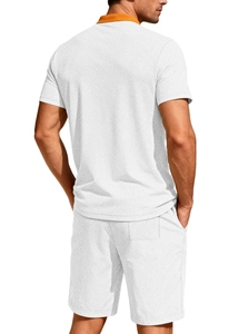 Rear view of white waffle knit men's set showing polo collar and shorts texture