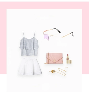 Fashion outfit set with star-shaped rimless purple sunglasses and accessories