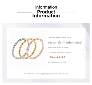 Detailed specs of tricolor twisted titanium steel rings in silver gold and rose gold