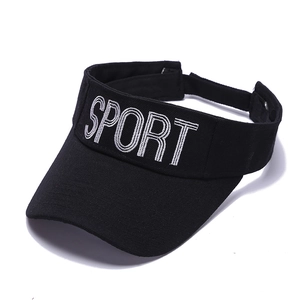 Detail of SPORT letter embroidery on breathable black sun visor hat for women