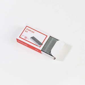 Silver 6/4 metal staples in red and white box for office stationery and binding