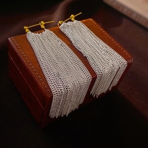 Long Tassel Dangle Earrings For Women Exaggerated Metal Chain Fringe Copper With 925 Sterling Silver Earring Post