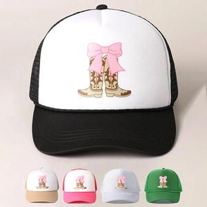 Damen Trucker Hat Mesh Atmungsaktiv Gebogene Krempe Western Cowboy Stiefel Rosa Schleife Druck Verstellbare Outdoor Kappe