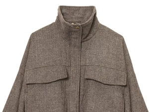 Close-up of brown herringbone wool jacket with stand collar and metal button detail