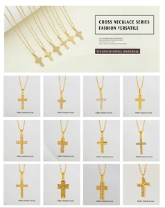 Detailed catalog of twelve unique gold titanium steel cross pendants with zircon inlays