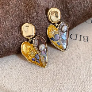 French vintage heart pearl earrings with oil painting resin texture and gold plating