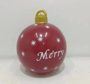 Macro detail of 60cm red Christmas inflatable ball with white snowflake prints