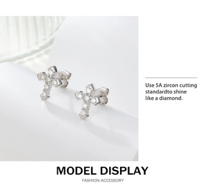 Detailed macro view of S925 sterling silver cross stud earrings with sparkling 5A zircon stones