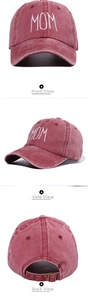 Detailed views of washed rose red baseball cap featuring white MOM embroidery and metal buckle