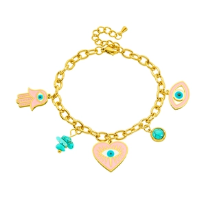Gold chain bracelet with pink Hamsa Hand, evil eye heart and turquoise stone charms