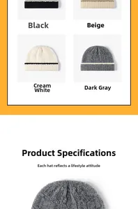 Close-up of knit beanies in black, beige, cream, and dark grey with contrast trim