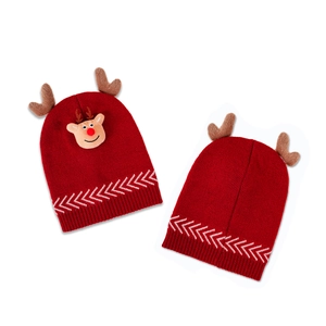 Red Christmas knit hat with 3D reindeer antlers and cartoon elk, front and back views