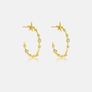 S925 Sterling Silver Star Hoop Earrings For Women Korean Vintage Rhinestone Geometric Circle Stud Earrings Delicate Jewelry Gift