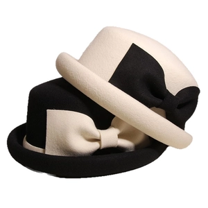 Elegant wool felt bowler hat set with contrast bows in black and ivory white