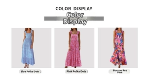Three-column view of bohemian maxi dresses with polka dot and tropical leaf prints