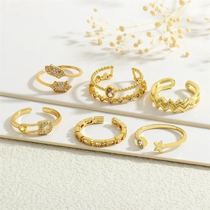 Set of 6 gold plated 18K adjustable rings with micro-pave cubic zirconia accents