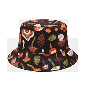 Black bucket hat featuring colorful mushroom and forest patterns for outdoor sun protection