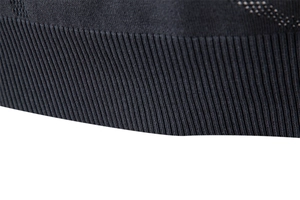 Close-up of the black ribbed knit texture on a men's business casual polo sweater