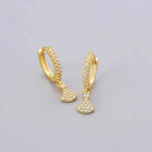 Detailed view of gold fan-shaped drop earrings featuring shimmering white zircon stones
