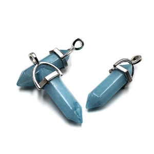 Two blue hexagonal crystal pendant necklaces with polished silver metal bail