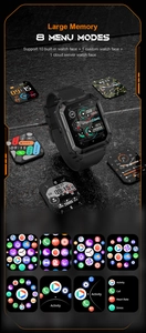 Detail view of rugged C20PRO smartwatch showing 8 menu modes and tactical design