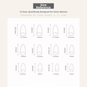 Detailed size chart showing 12 different dimensions for French floral press-on nails