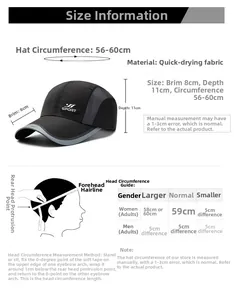 Size chart showing quick-dry mesh sport hat dimensions with head circumference guide
