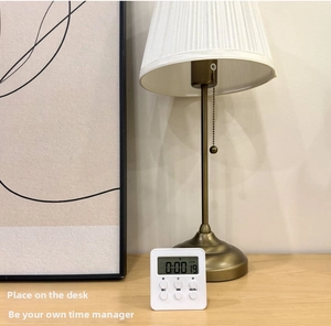 White minimalist square desktop timer with LCD screen and physical function buttons
