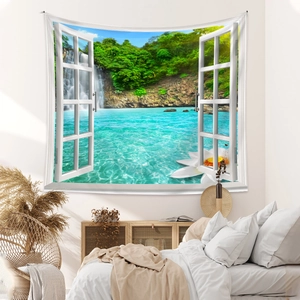 Detail of bedroom wall tapestry with waterfall forest print and faux window landscape