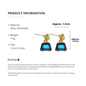 Detailed size chart of geometric earrings with green teardrop and blue trapezoid stones