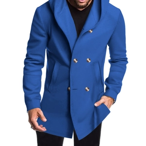 Detail of blue men's double-breasted hooded trench coat featuring slim-fit mid-length design