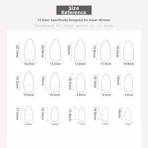 Size guide showing 15 different dimensions for almond press-on nails with cherry and pearls